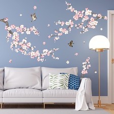 Wondever Cherry Blossom Wall Stickers, Pink  White Tree Branch Decals for Walls
