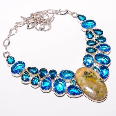 Bumble Bee Jasper- Indonesia & Blue Topaz 925 Sterling Silver Necklace 17.99'' T4