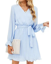 Women’s Summer Casual Wedding Guest Dress Long Puff Sleeve V Neck Pleated Ruffle