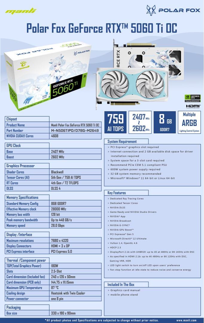 Manli Polar Fox RTX 5060 Ti 8GB OC Used Graphics Card, 3
