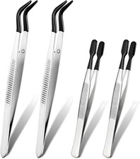 4 PCS Rubber Tipped Tweezers, PVC Coated Coated Flat and Bent Tweezers Precision