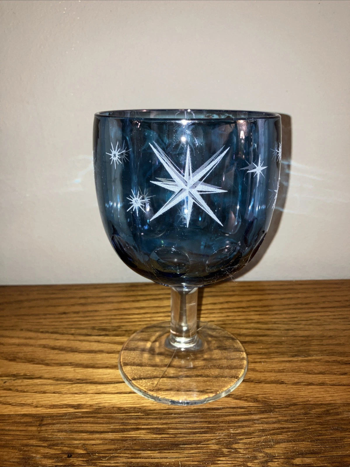 Vintage Bartlett Collins Etched Atomic Starburst Blue Thumbprint Goblet