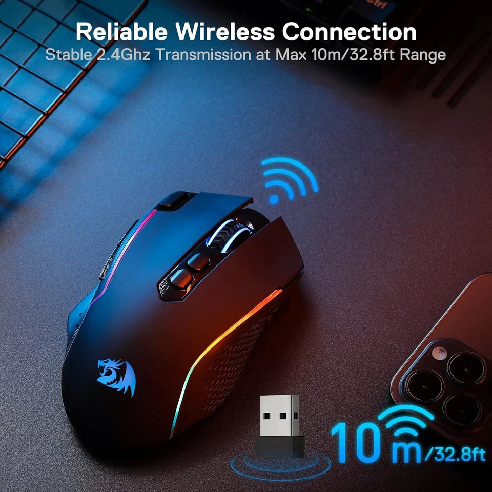 Redragon M810 Pro Wireless Gaming Mouse, 10000 DPI Wired/Wireless Gamer Black  - Image 4 of 4