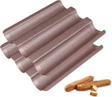 TOPZEA 2 Pack Perforated Baguette Pan, Nonstick French 11.25"x 9.5"x 1“, Gold 