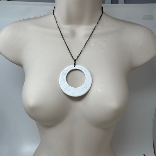 Bronze Tone Chain Necklace with Large White Wood Disc Donut Pendant Engraved 18" - Picture 3 of 5