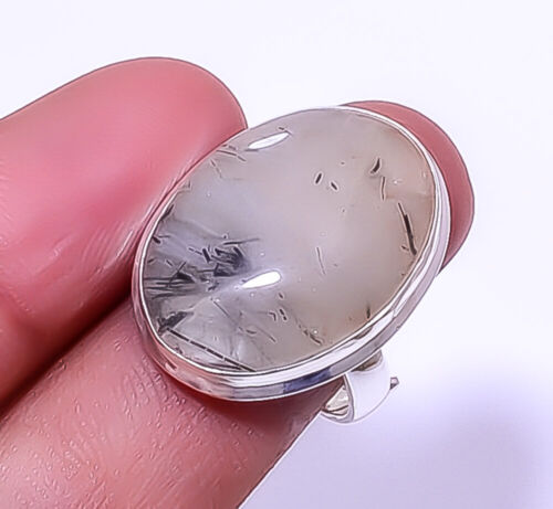 Black Rutilated Quartz - Srilanka 925 Sterling Silver Ring Adjustable ( A354