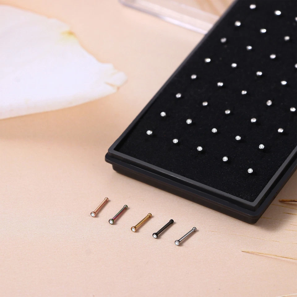 Flongo 20G 60 PIEZAS Acero Inoxidable Nariz Tachuelas Anillos Piercing Pin Conjunto de Joyería Corporal Foto 3 de 4