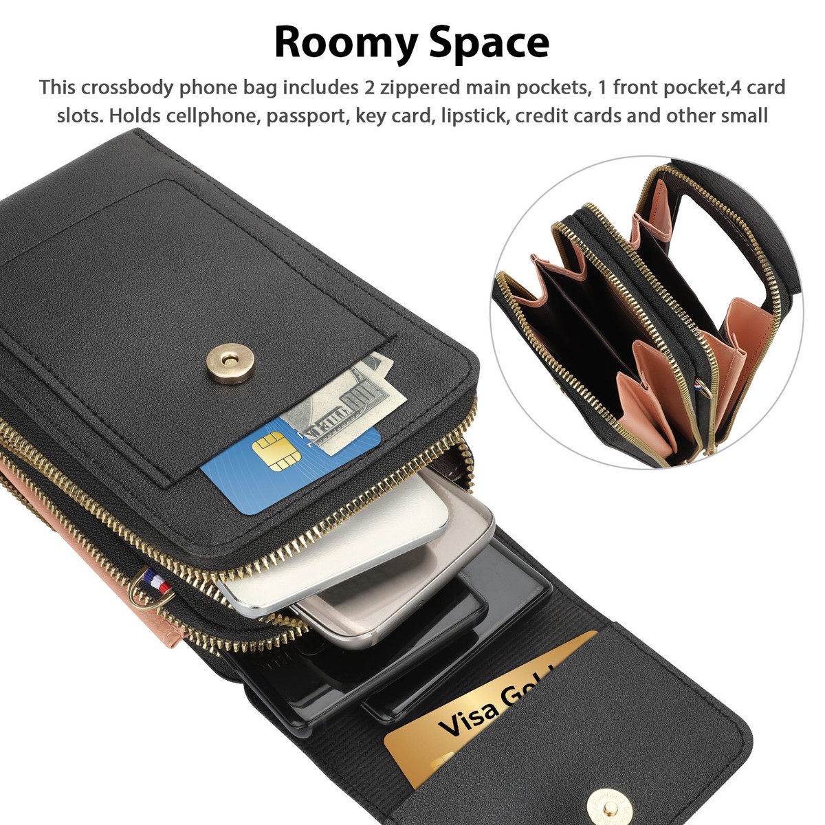 YONBEN Small Crossbody Bag For Women - PU Leather With Card Slots & Phone Pocket, Black