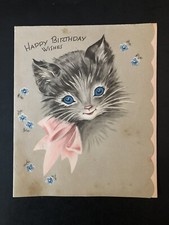 Vtg Birthday Greeting Card Beautiful Grey Kitten Blue Eyes Pink Bow Blue Flowers