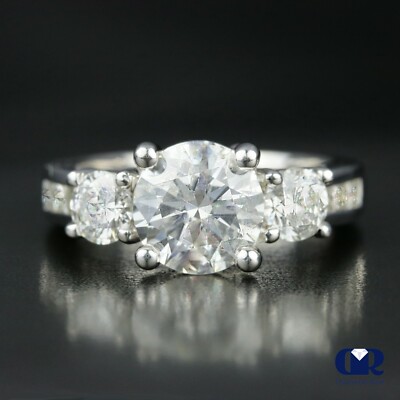2.60 Carat Round Cut Three Stone Diamond Engagement Ring In 14K White Gold