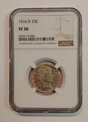 1916 - D/D Barber Quarter, Undergraded by NGC as VF30, Some mint luster - SL160