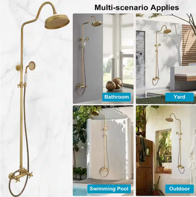 BWE 2-Spray Bathroom Wall Bar Shower Kit & Tub Faucet In Antique Brass Gold