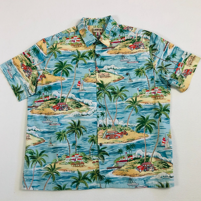 #ad Campia Moda Hawaiian Aloha Shirt Mens XXL Chest 54quot; Cotton Teal Island Woody 90s $19.95