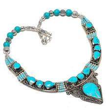 Turquoise Gemstone Necklace Tibetan Silver Handmade Nepali Jewelry 18" NN 6903