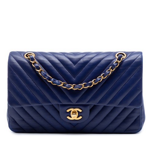 Chanel Medium Classic Chevron Lambskin Double Flap Pre-Loved Shoulder Bag Blue