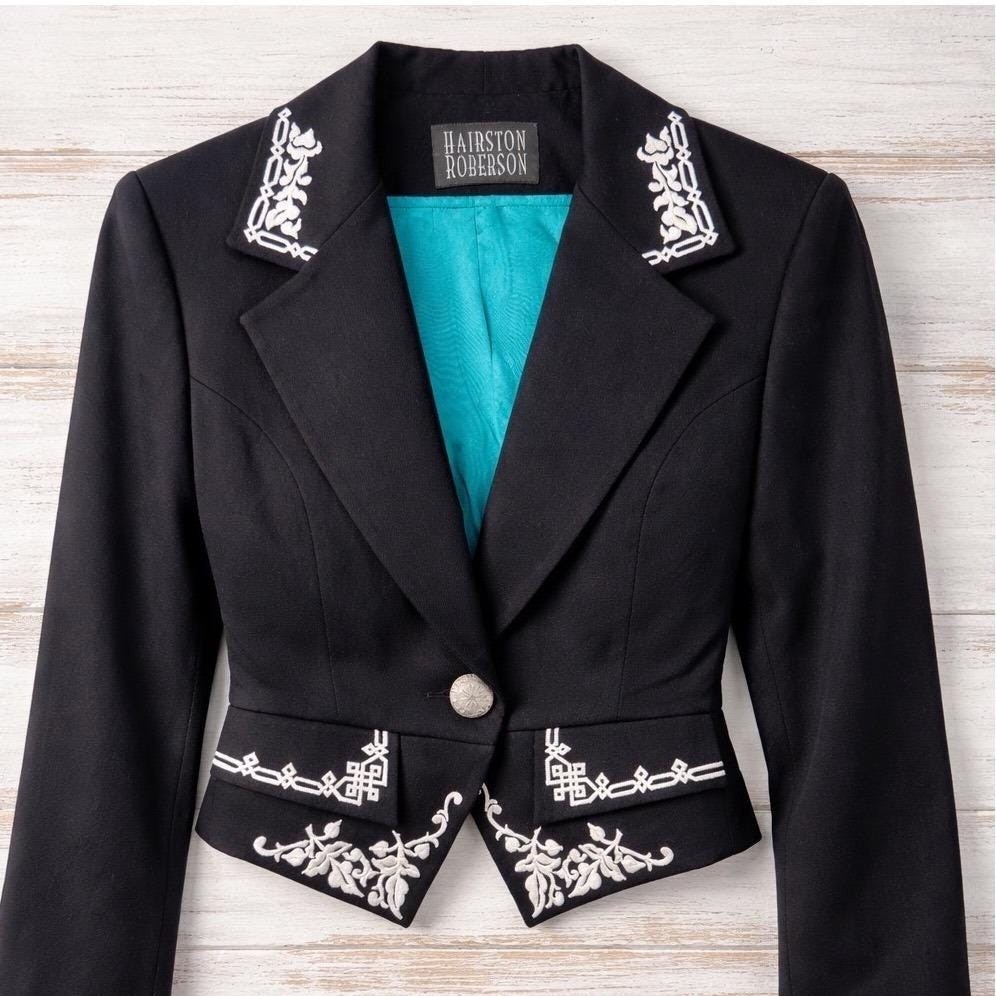 Vtg Hairston Roberson Black Wool Western Blazer Embroidered Cropped Jacket Sz 14 image 2