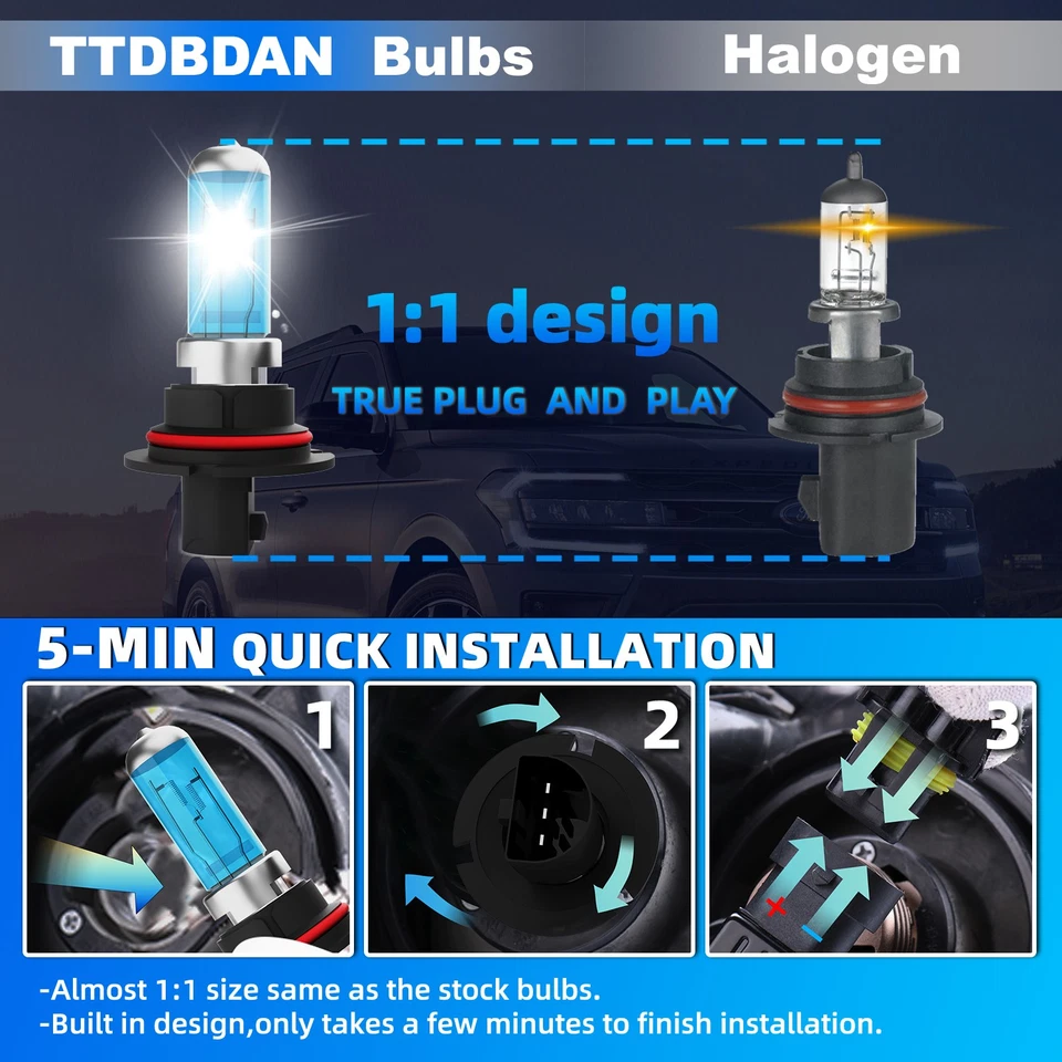 9004/HB1 Halogen Headlight Super Bright Bulbs Kit White 6000K High/Low Beam 2PCS - Image 2 of 4