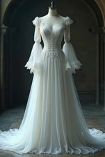 Boho Wedding Dresses Flare Long Sleeves A-Line Tulle V-neck Beach Bridal Gowns