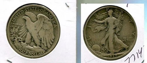 1919 S WALKING LIBERTY SILVER HALF DOLLAR VG FINE 7714T