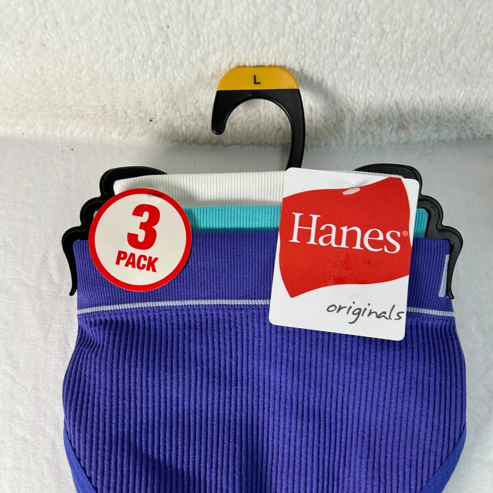 9 Pairs Hanes Originals Womens Cotton Thong Underwear L Purple White Teal Ribbed - Image 4 of 4