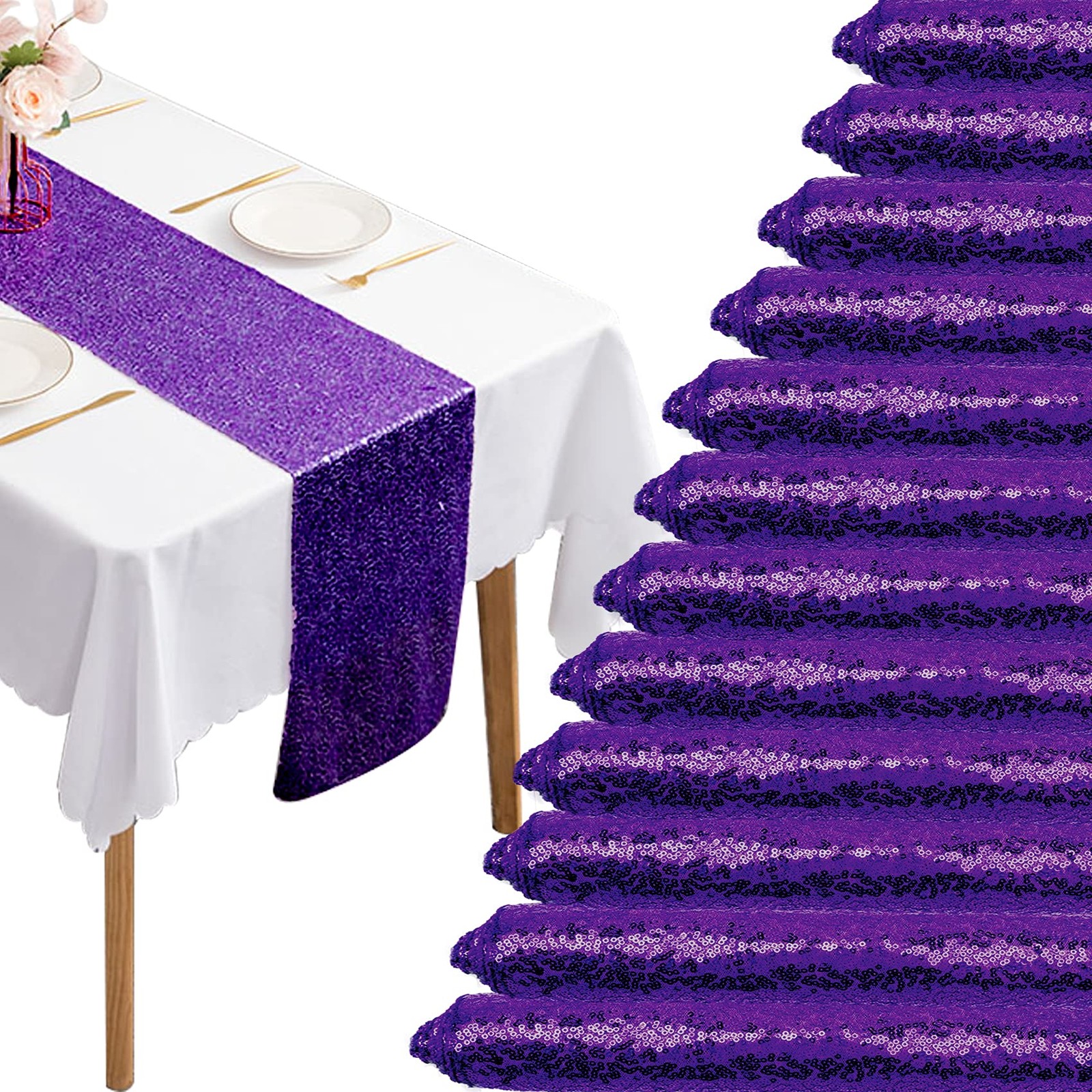 12 Packs 12 X 108 Inch Purple Sequin Table Runner Glitter Di