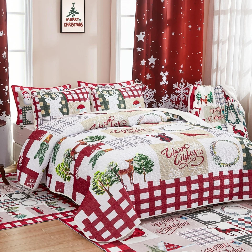 Christmas Quilt Set King Rustic Christmas Tree Snowman Cardinal Holiday Wreat... - Image 3 of 4