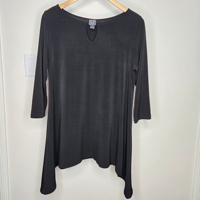 CLARA SUN WOO Black Asymmetrical Hem Tunic Top 3/4 Length Sleeves Size S
