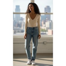 Abercrombie  Fitch Knit Ribbed V Neck Long Sleeve Bodysuit Cream Size Medium