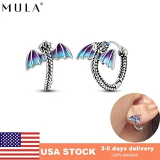 MULA European Women Stud Earrings Retro Enamel Dragon 925 Silver Jewelry Gift