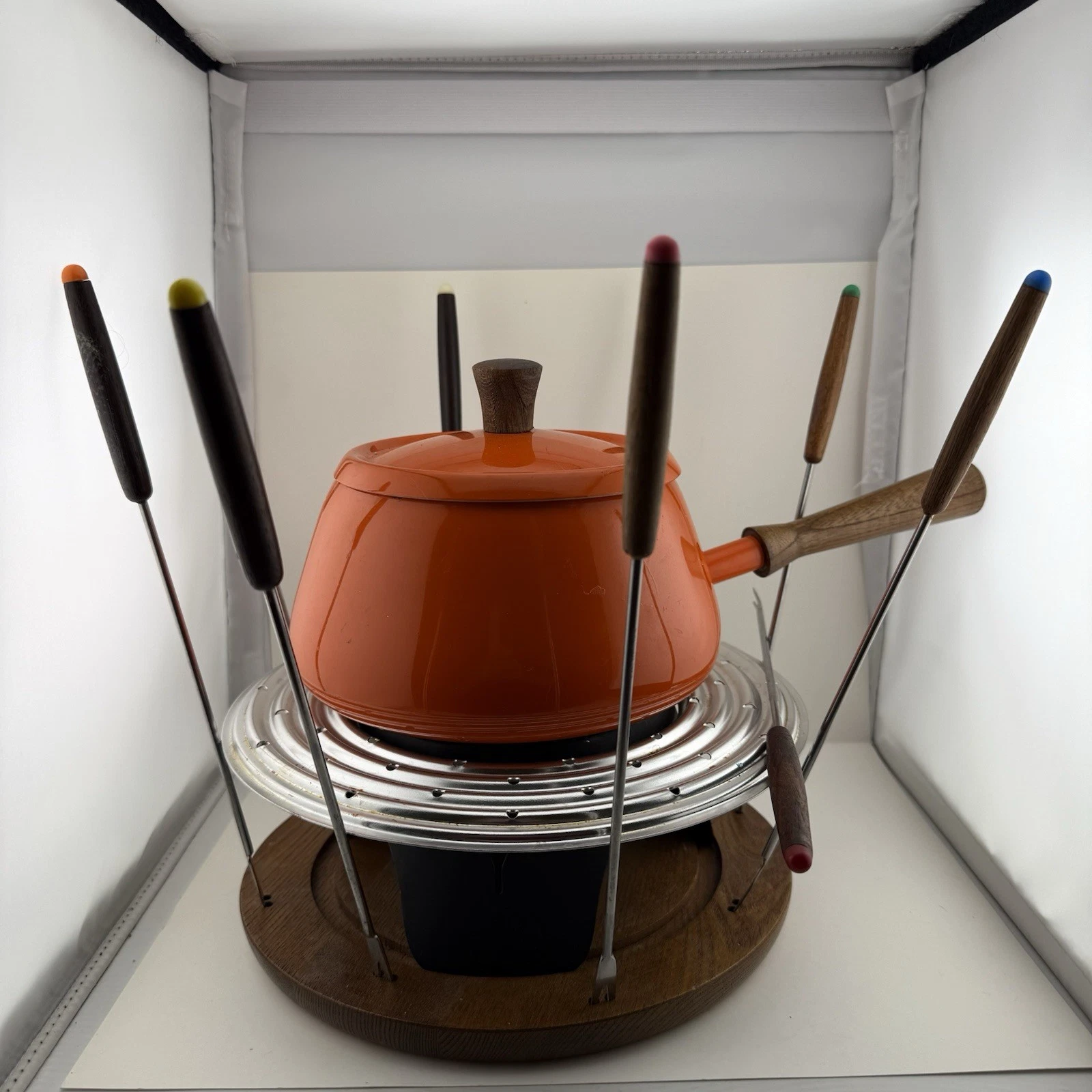Vintage Japan Orange Enamel Fondue Pot Set w/ Wood Trivet & Forks
Opens in a new window or tab