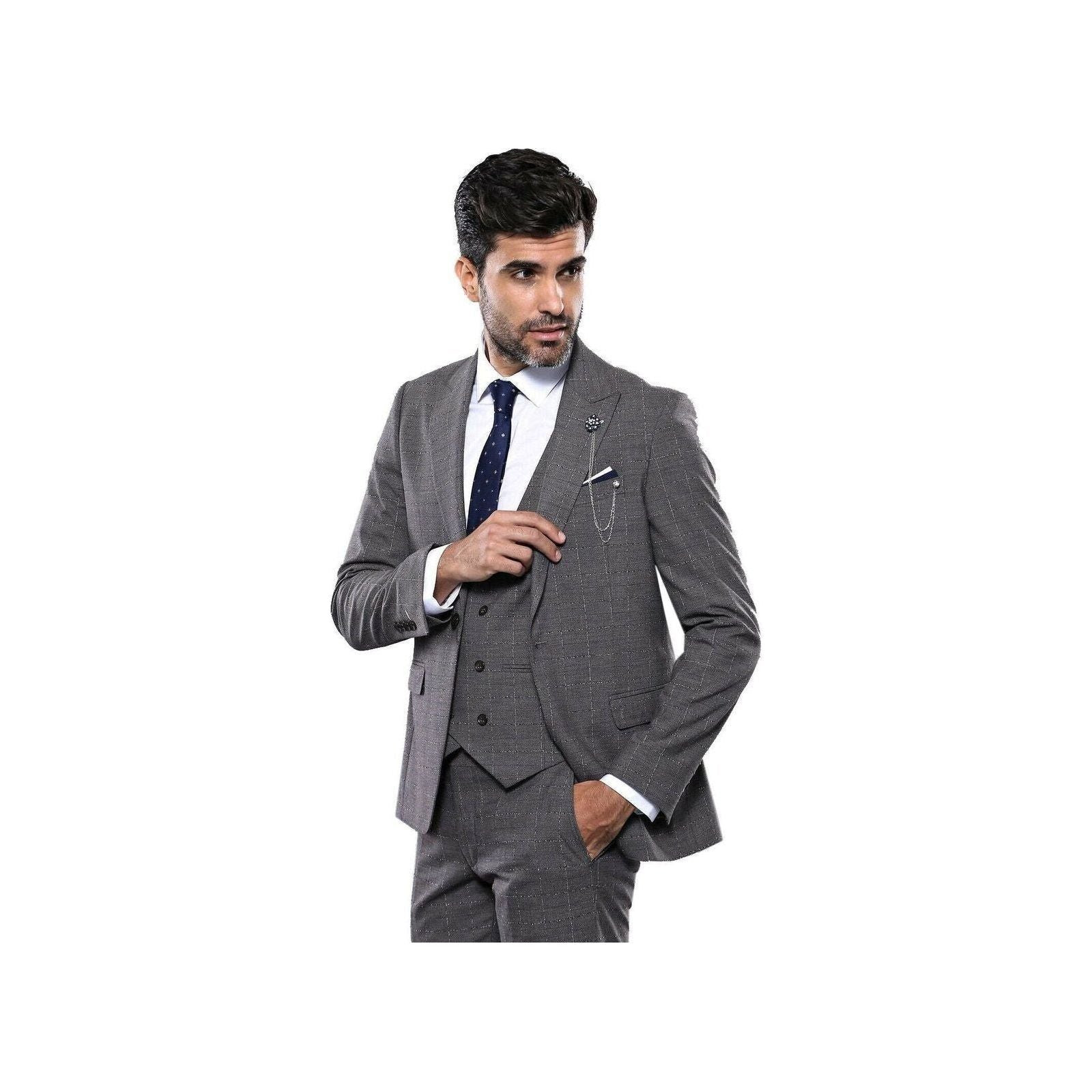 Мужской европейский костюм из 3 предметов WESSI by J.VALINTIN Extra Slim Fit JV35 серого цвета с оконным стеклом