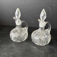 Cambridge Glass Rose Point Oil-Vinegar Cruets with Loop Handle-Stopper Vintage