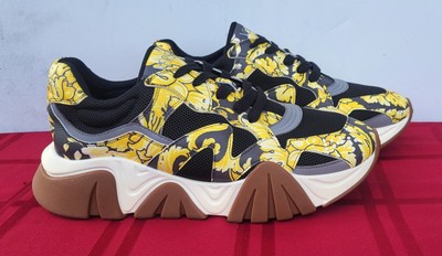 Men's Versace Black & Yellow Barocco Print Leather Squalo Sneakers - Size 42