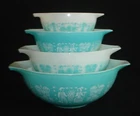 PYREX - 4 pc. White & Turquoise BUTTERPRINT Cinderella Mixing, Nesting Bowl Set