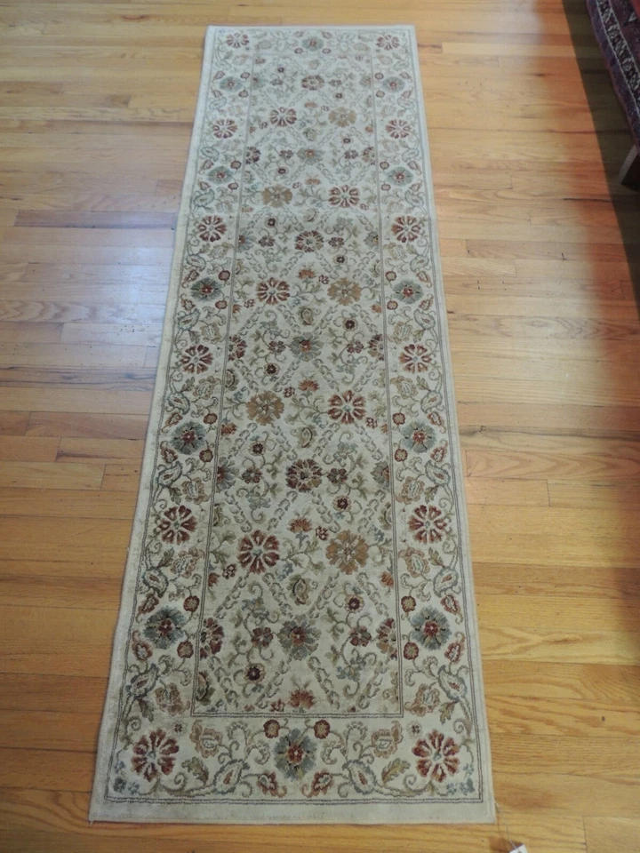2x7 Silk RUNNER Floral Rug Beige Rust Green “machine made” - Image 2 of 4