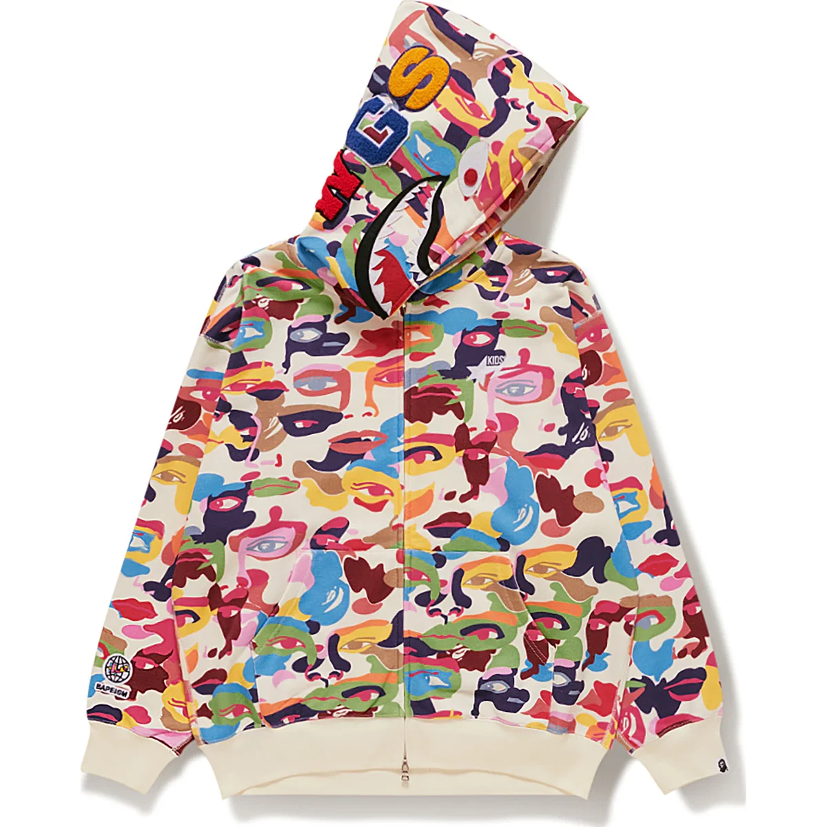 A BATHING APE (BAPE) FELPA CON CAPPUCCIO FULL ZIP BAPE X KIDSUPER CAMO SHARK NUOVA MAI INDOSSATA. MULTI CREMA