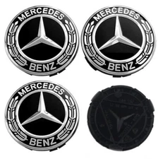 SET OF 4 Classic Black 75MM Wheel Rims Center Hub Caps AMG Wreath NEW