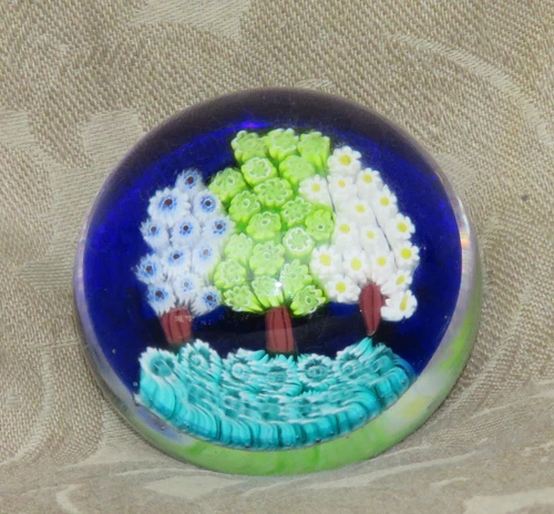 1970'S GALLIANO FERRO ATL MURANO MILLEFIORI ART GLASS TREES PAPERWEIGHT SIGNED