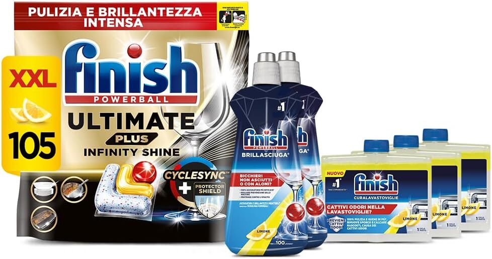 Finish Ultimate Plus IS 105 Lemon + 2 Brillantanti e 3 Curalavastoviglie Lemon