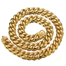 Heavy Gold 15mm Cut Curb Cuban Link Chain 316L Stainless Steel Mens Necklace 24"