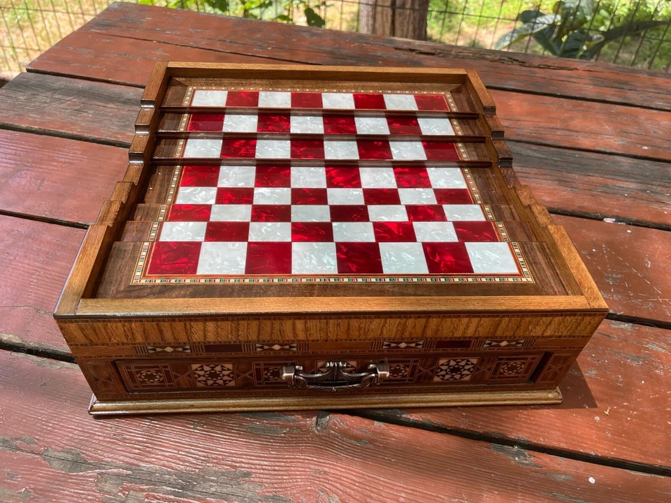 Luxury Handmade Wooden Chess Set with Drawer | Metal Chess Pieces | 13"x13" - Image 2 of 4