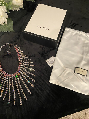 Authentic Gucci Antiqued Palladium / Pink Strass Crystal Necklace Gucci GG And Heart Crystal-Embellished Choker - Runway Catalog main image 4