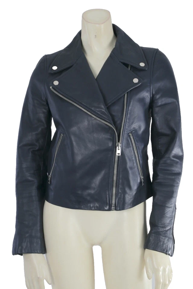 J. Chaqueta de moto CREW Collection cuero azul marino con cremallera talla 2 Foto 3 de 4