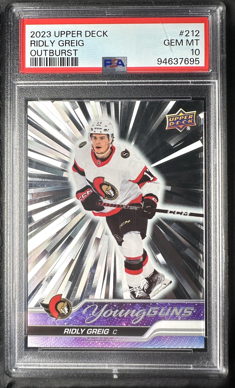 2023-24 Upper Deck #212 Ridly Greig Young Guns RC Outburst PSA 10 Senators