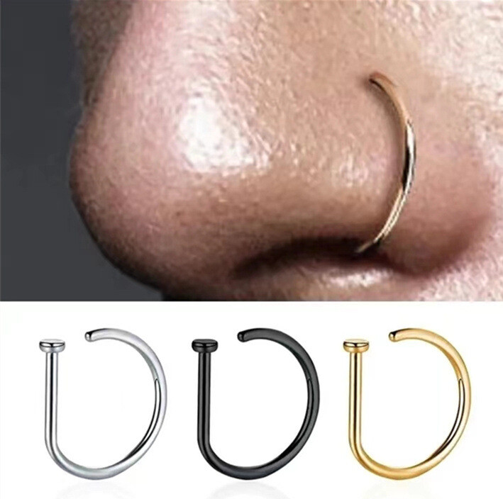 Piercings nasales de acero quirúrgico aro anillos astillados nariz nariz nariz nariz forma D 2 piezas 18G 20G