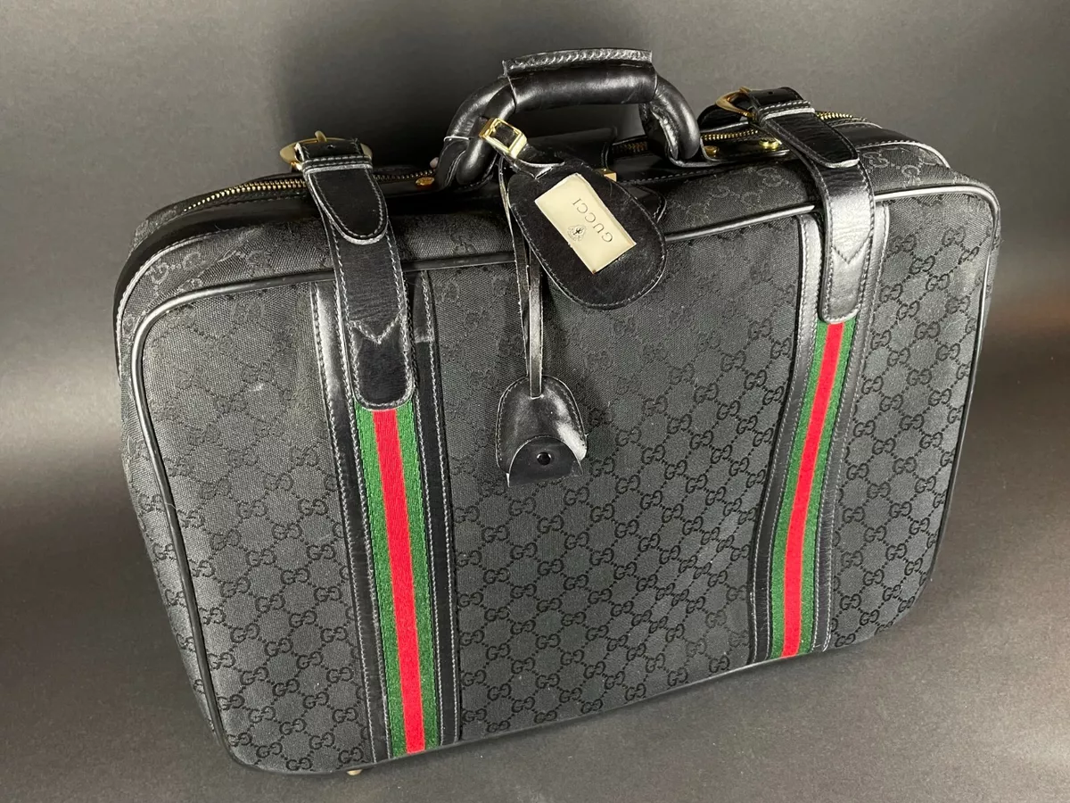 Logisk Kurve Hoved 1970s Gucci Italy Black Logo Fabric Leather Suitcase Luggage w Zipper  Buckles SM | eBay