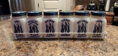 Set of 6 Herb Chest Spice Shakers w/Rack & Original Labels on back