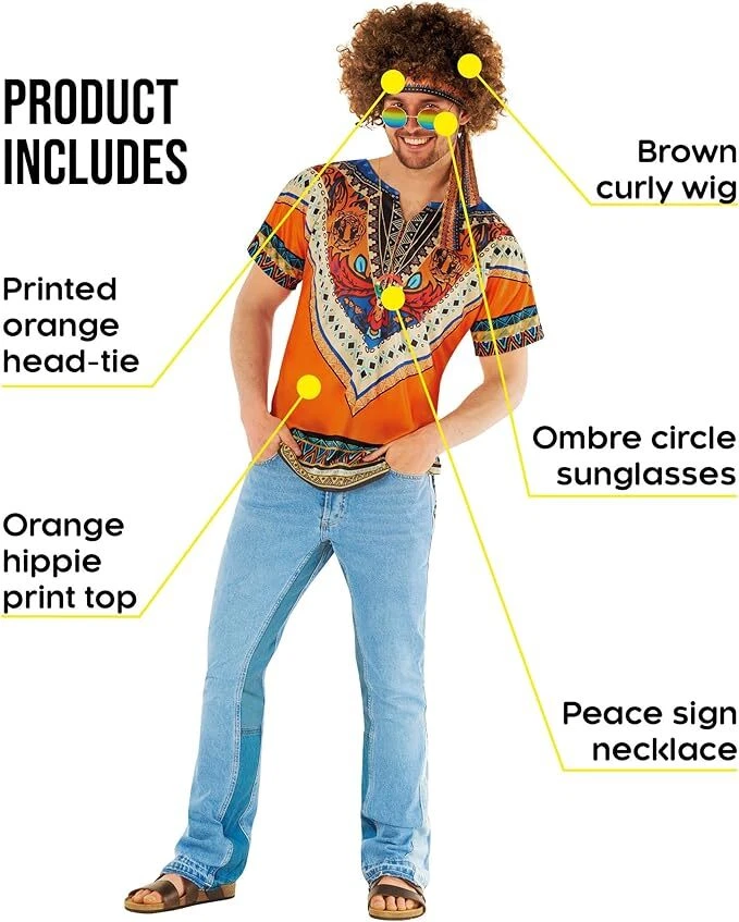 Mens 70s Hippie Costume + Afro Wig & Sunglasses Adult 60s Hippy Outfit Halloween - Image 2 of 4