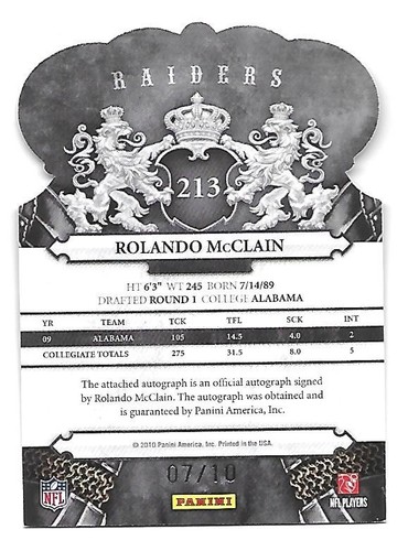 ROLANDO McCLAIN 2010 Crown Royale Autograph Green Die-cut Rookie RC auto /10 - Picture 2 of 2