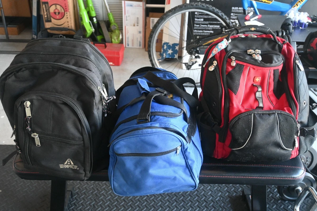 Red Swiss Gear Backpack 17 + Bonus Black Backpack and Blue Duffel bag used